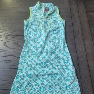 Vince Camuto Turquoise & White Sleeveless Patterned Midi Dress with Lime Trim